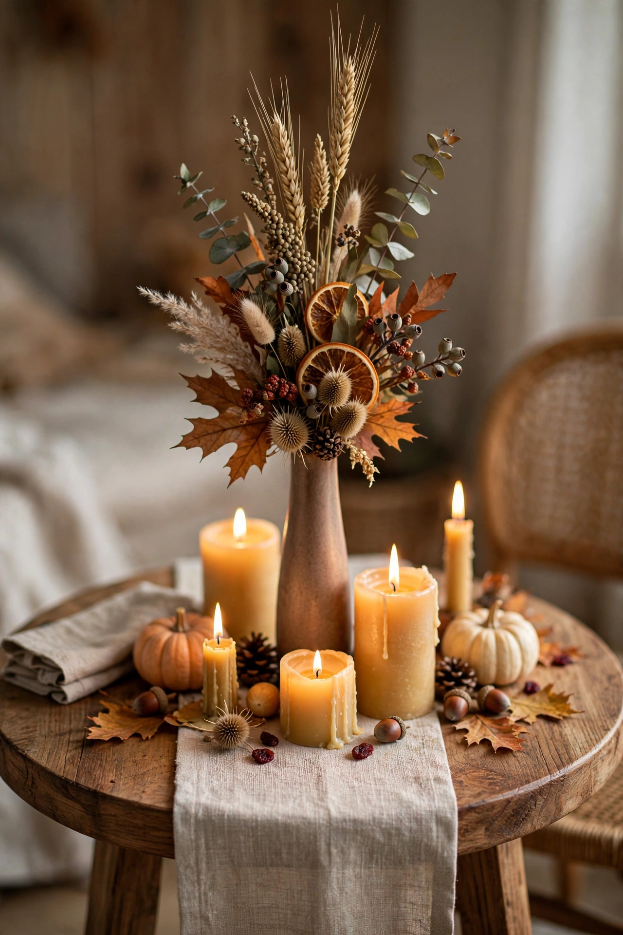 Small round table styled for Thanksgiving with a tall centerpiece and glowing candles