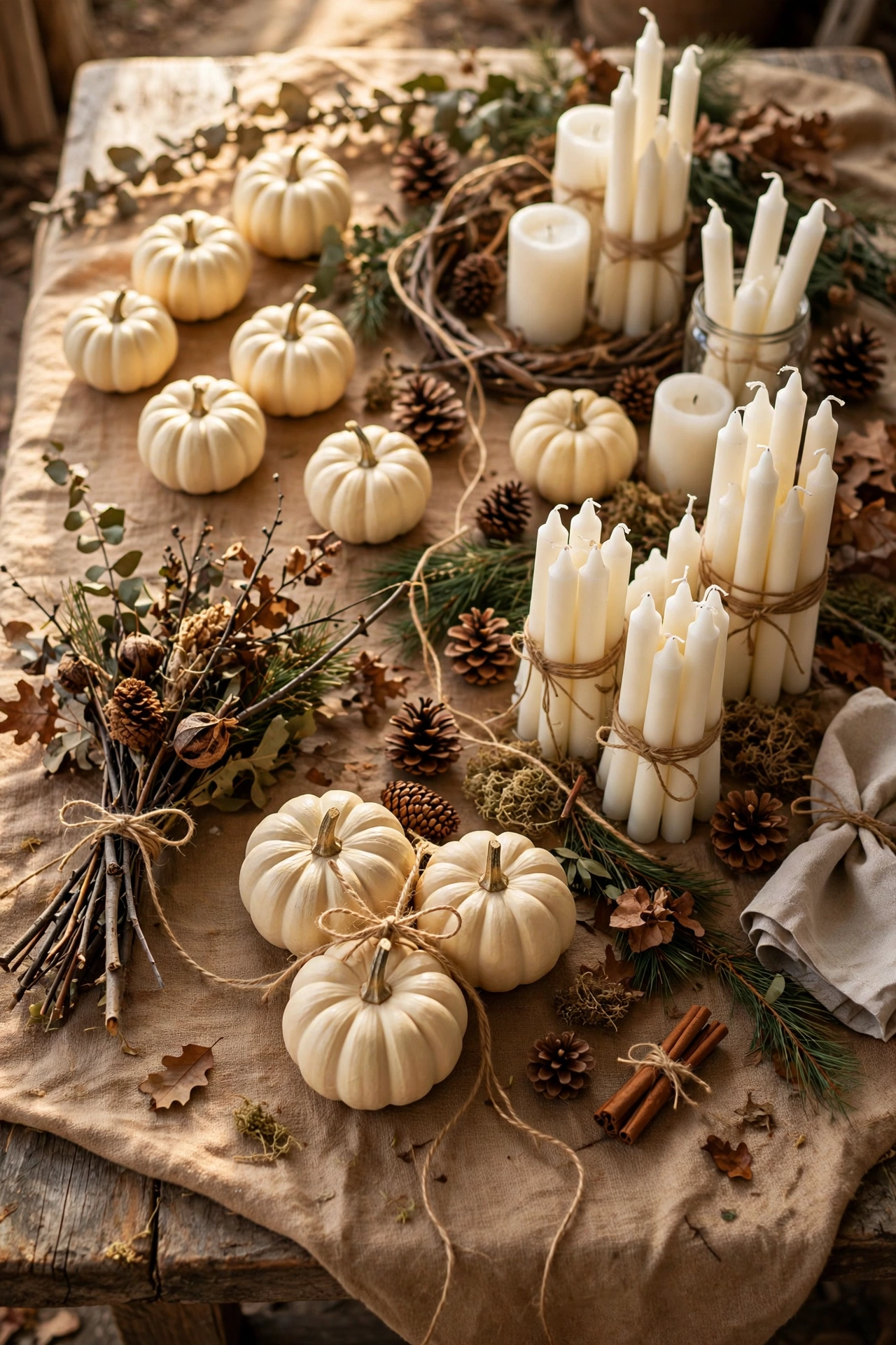 Budget Thanksgiving table with spray-painted pumpkins, foraged branches, and bulk candles