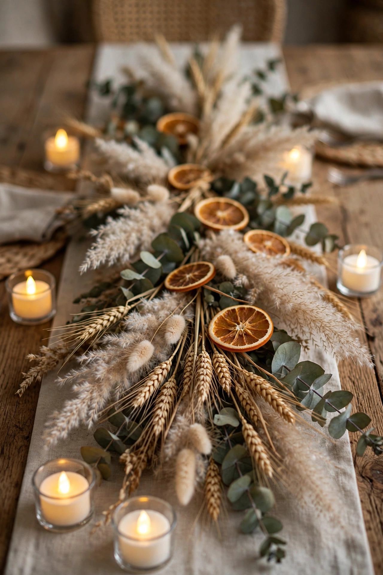 Thanksgiving table runner of dried pampas grass, wheat, and dried oranges built days ahead