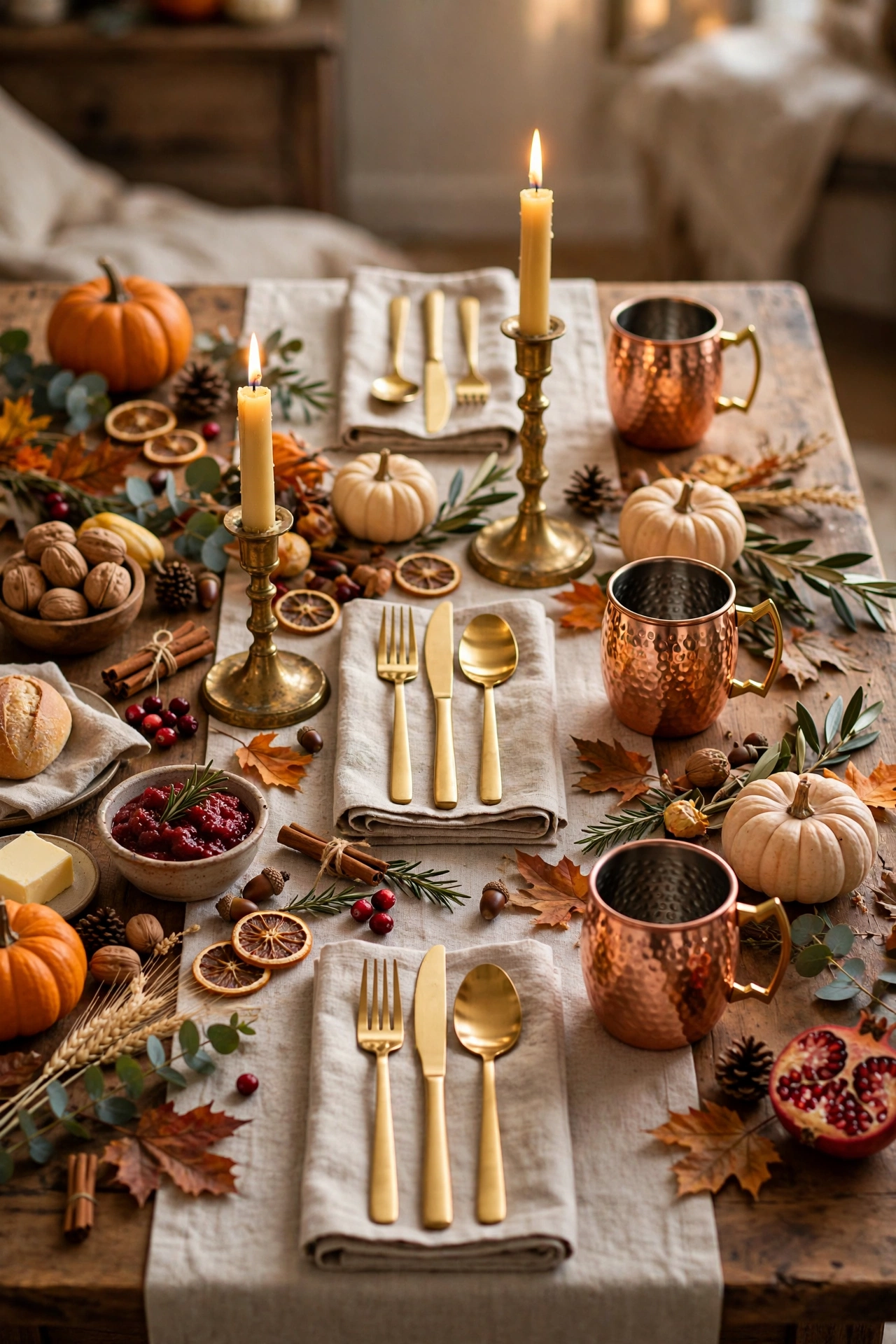 Thanksgiving table mixing gold flatware, brass candlesticks, and copper mugs