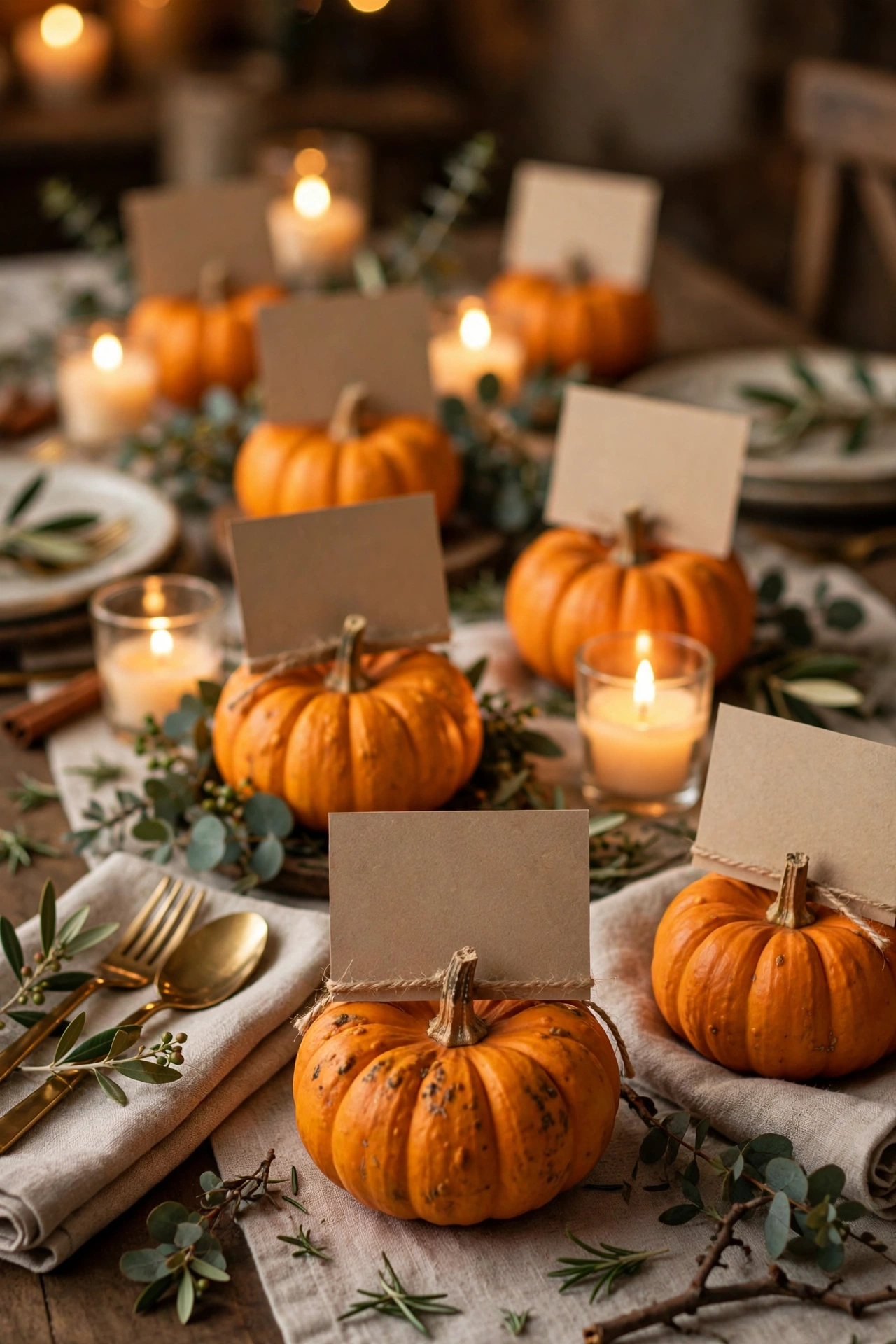 Mini pumpkins holding handwritten place cards at each Thanksgiving table setting