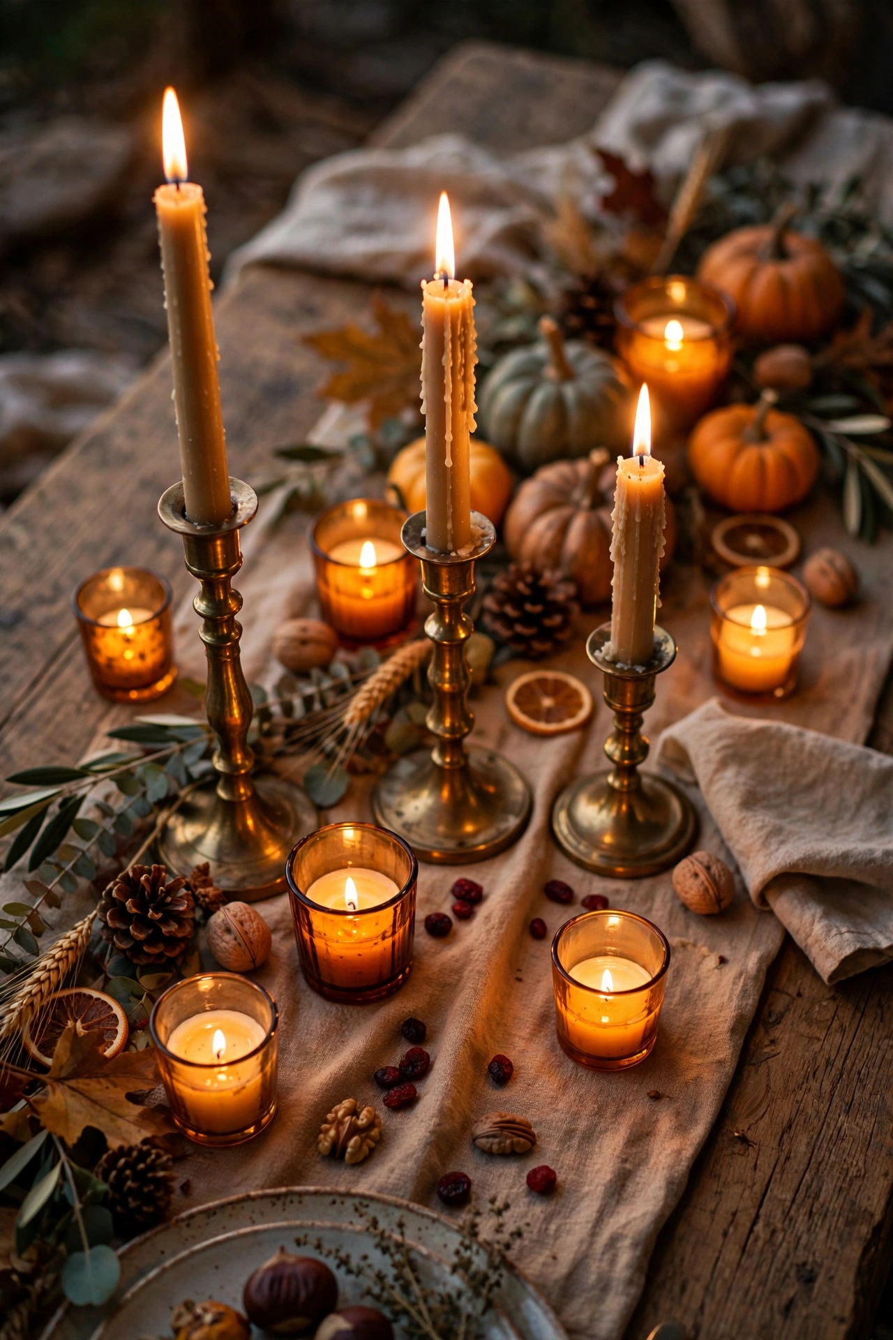 Thanksgiving table glowing with amber glass votives, brass candlesticks, and taper candles