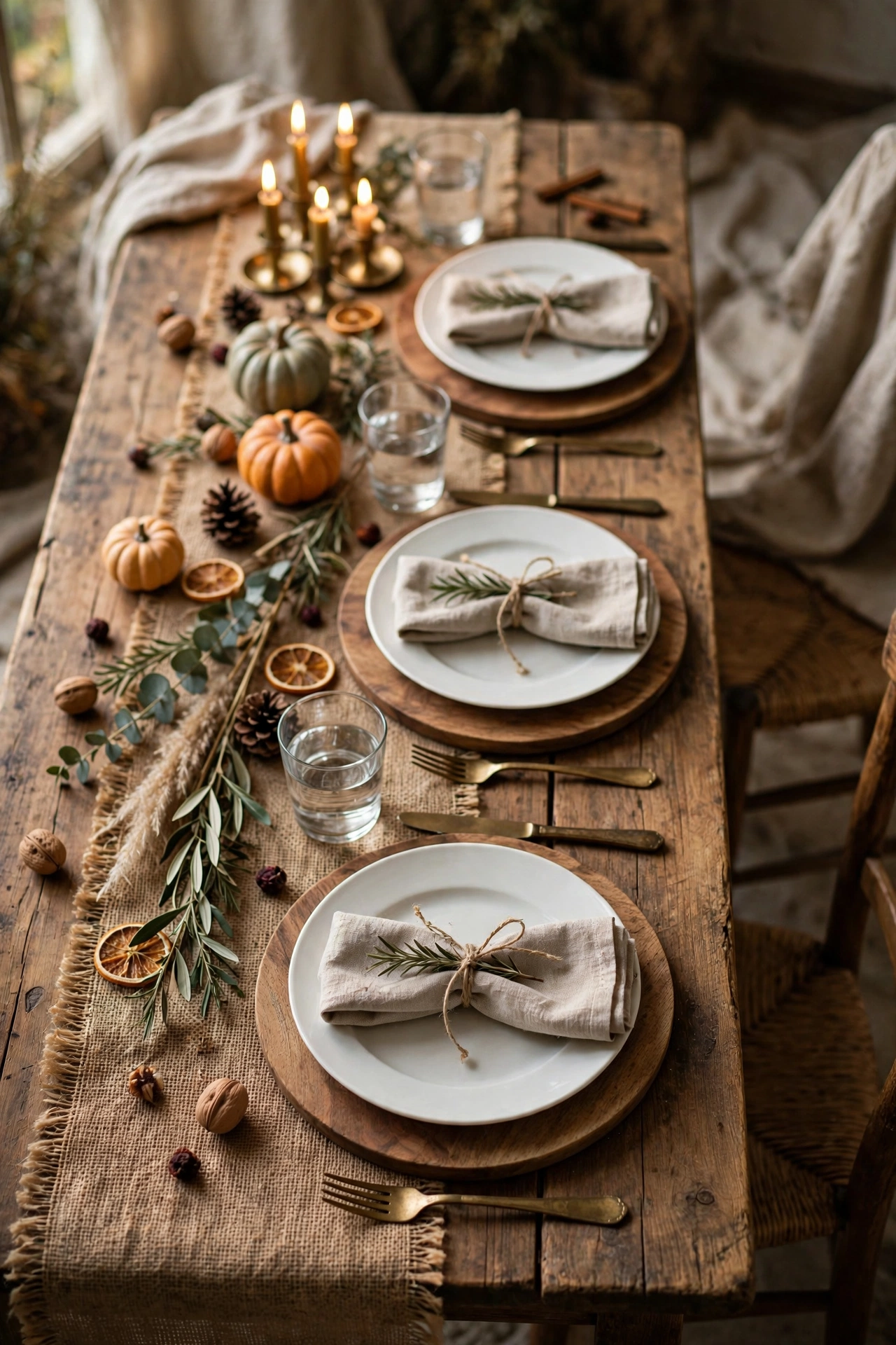 Rustic Thanksgiving table with burlap runner, wooden chargers, and linen napkins