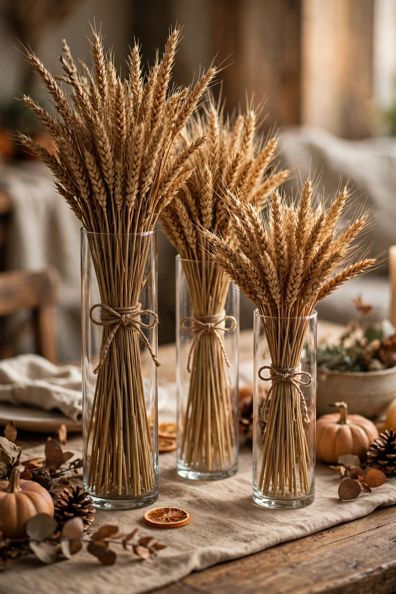 Tall vases of dried wheat bundles tied with twine as a Thanksgiving table centerpiece