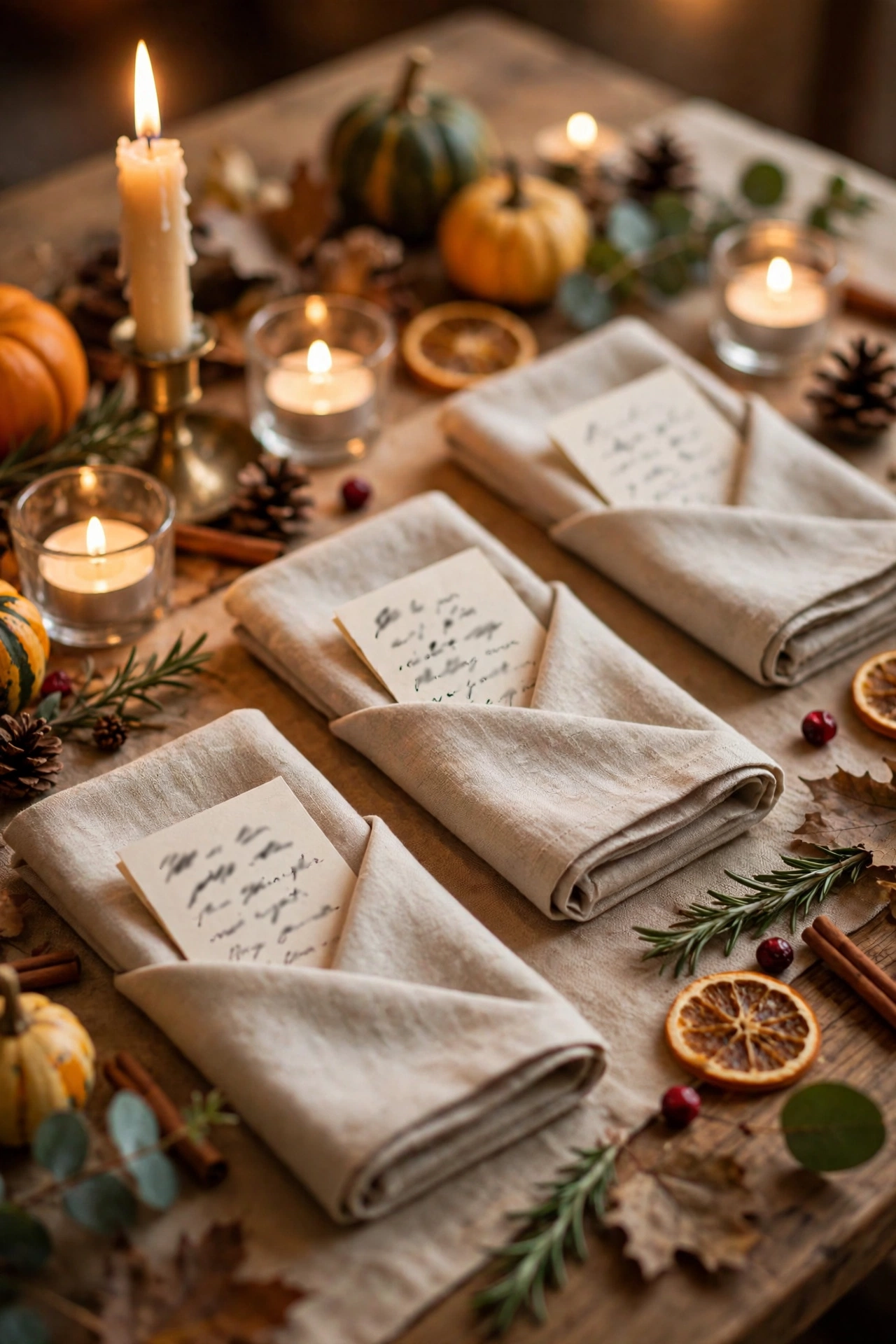 Handwritten gratitude notes tucked into napkins at a warm Thanksgiving table