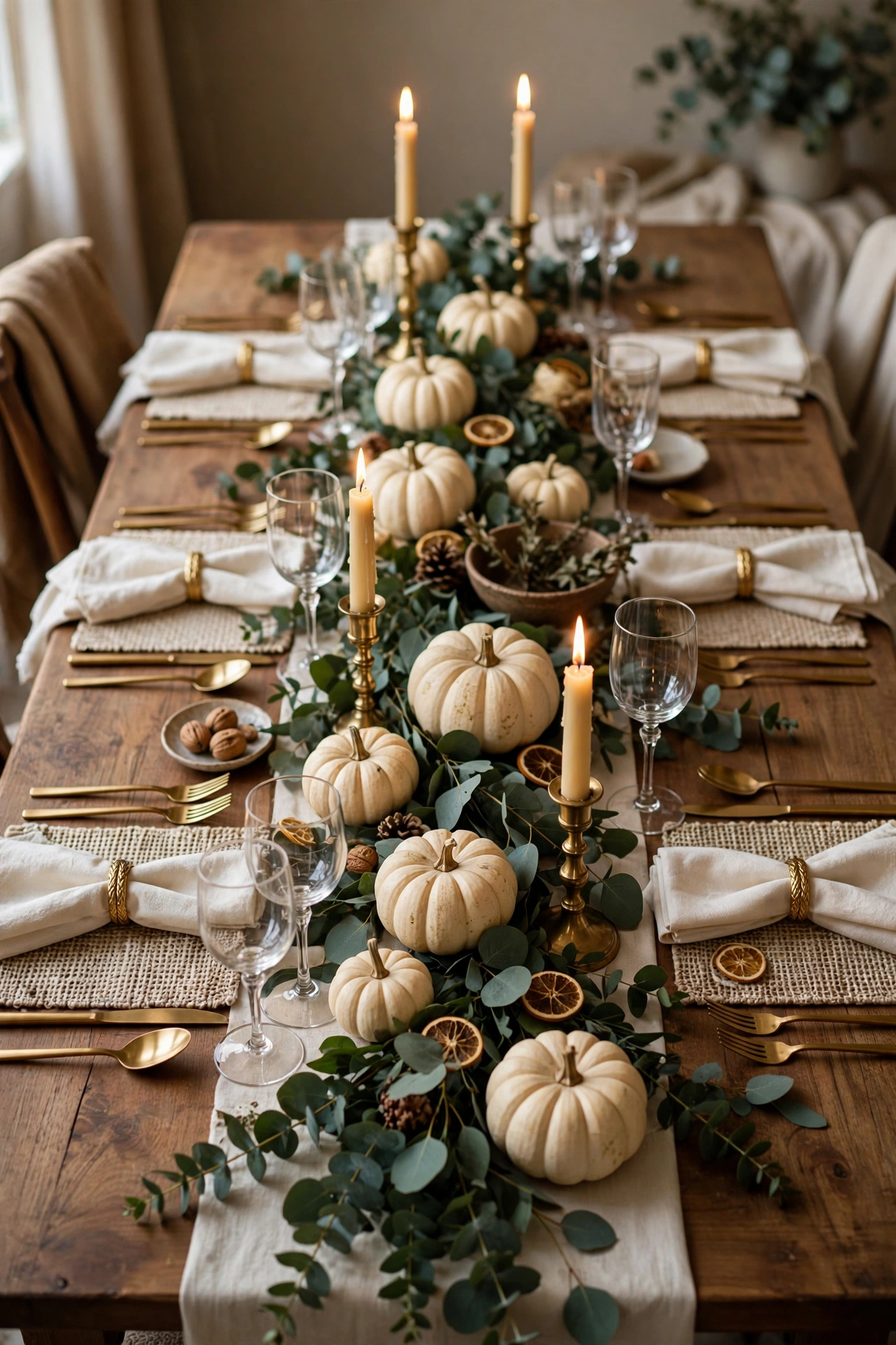 Elegant Thanksgiving table in cream, brown, green, and gold with ivory pumpkins and brass candlesticks