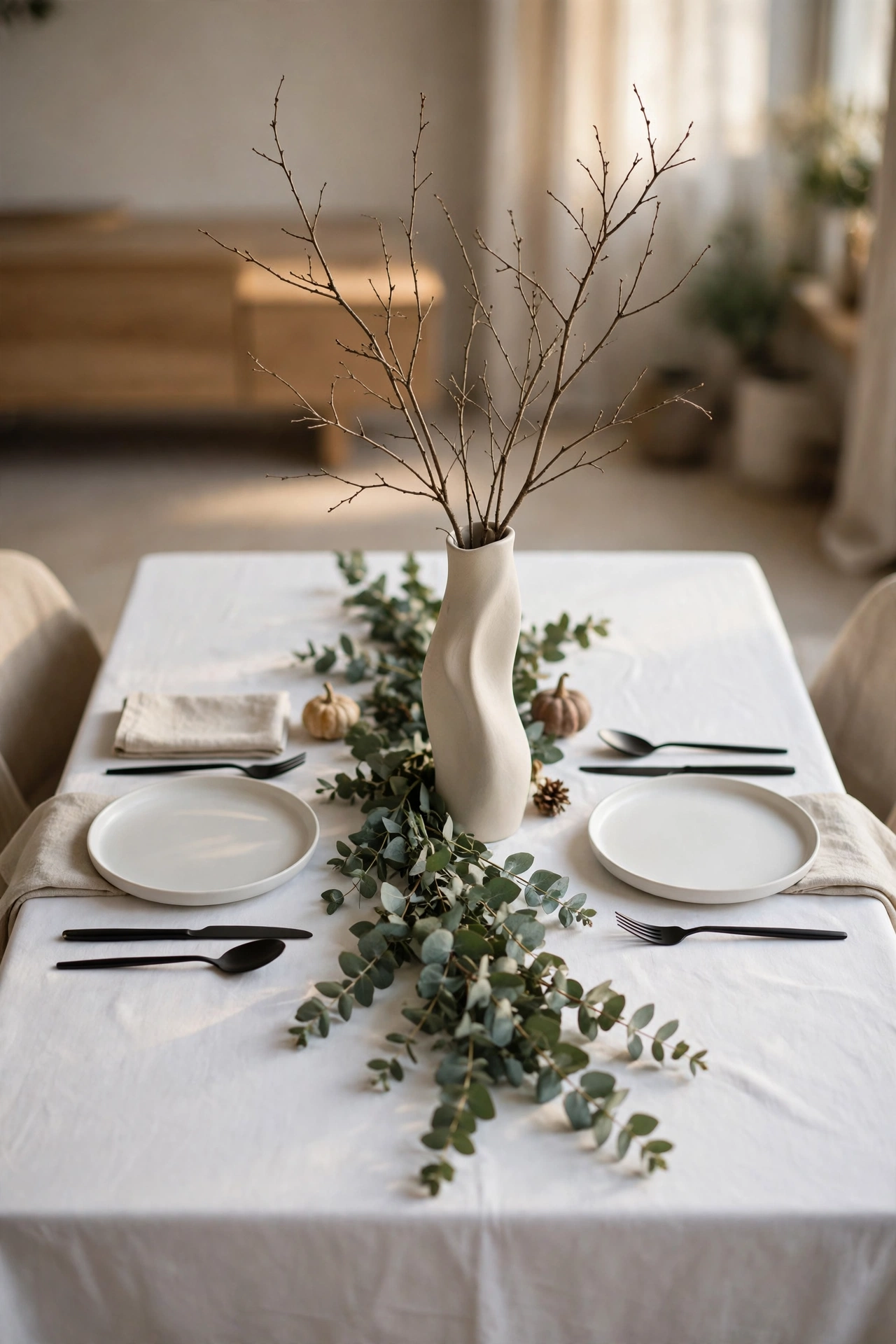 Modern minimalist Thanksgiving table with white tablecloth, single eucalyptus garland, and sculptural branches