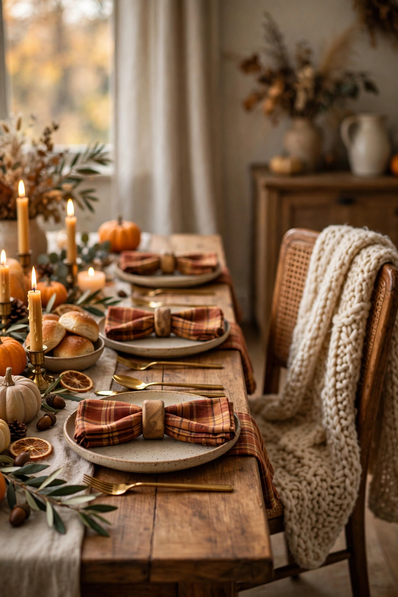 Cozy Thanksgiving table with plaid napkins, wooden rings, and knit throws on chairs