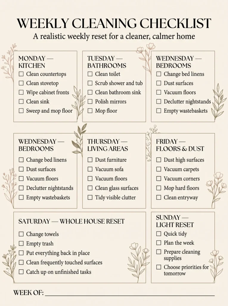 Weekly cleaning checklist template organized by day of the week, from Monday kitchen reset to Sunday light reset