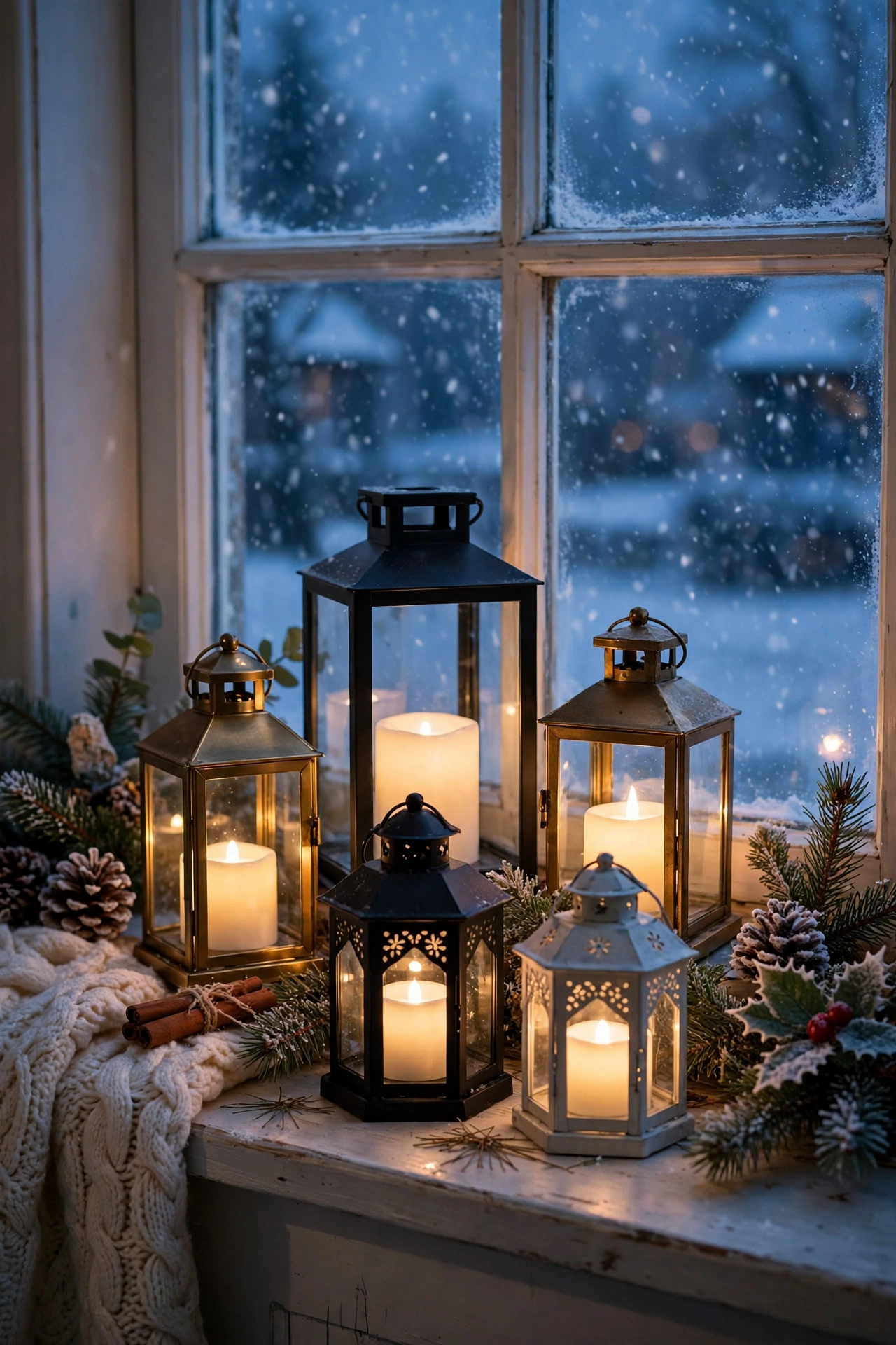 Cluster of small lanterns with glowing LED candles on a windowsill at dusk, snow falling outside the window