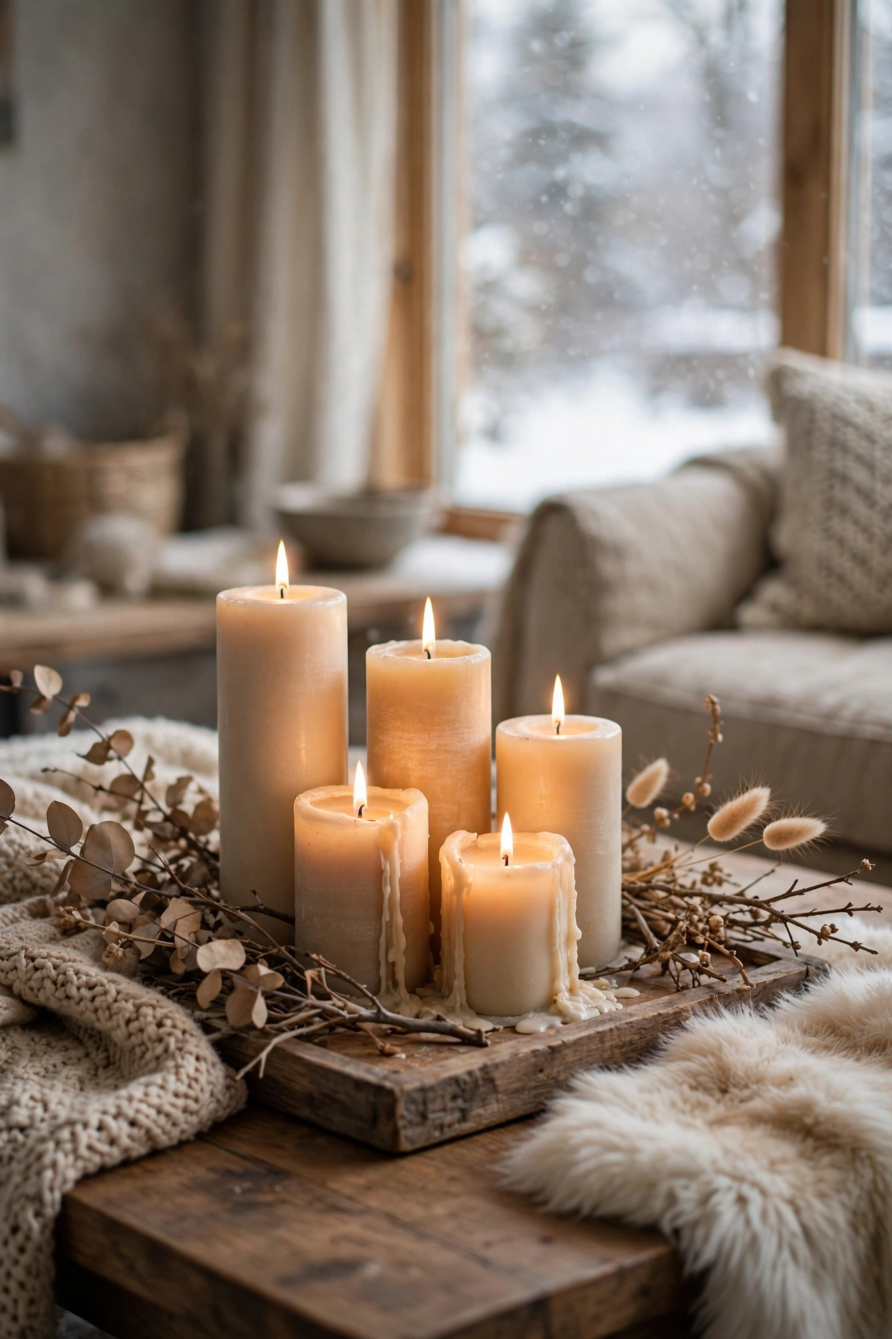 Cluster of pillar candles of different heights on a wooden coffee table tray with dried branches