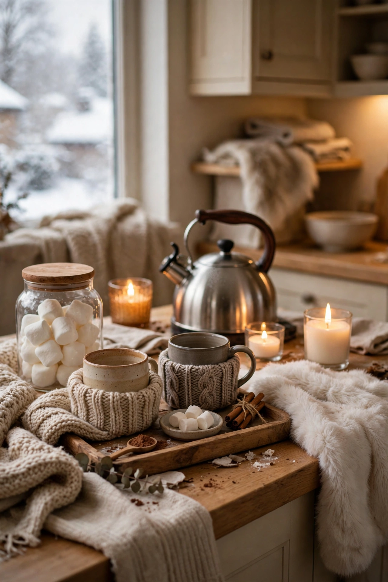 Kitchen counter cocoa station with mugs, a jar of marshmallows, a kettle and a wooden tray