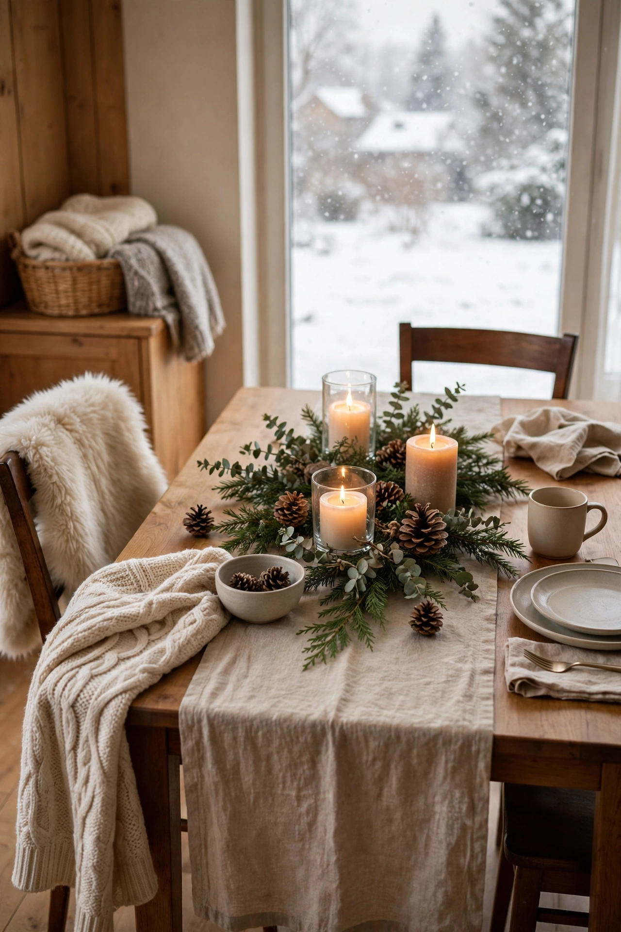 Winter dining table with a linen runner, pinecones, candles and simple greenery as a centerpiece