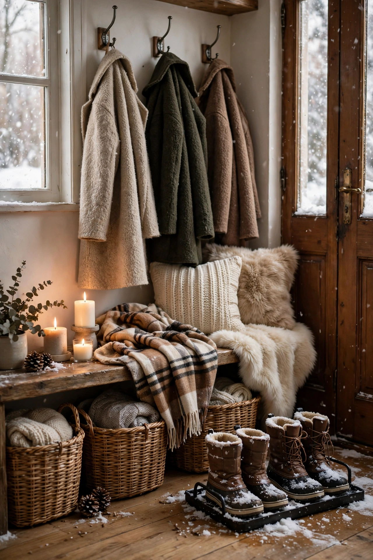 Entryway bench with woven baskets, wool coats on hooks, a boots tray and a plaid blanket