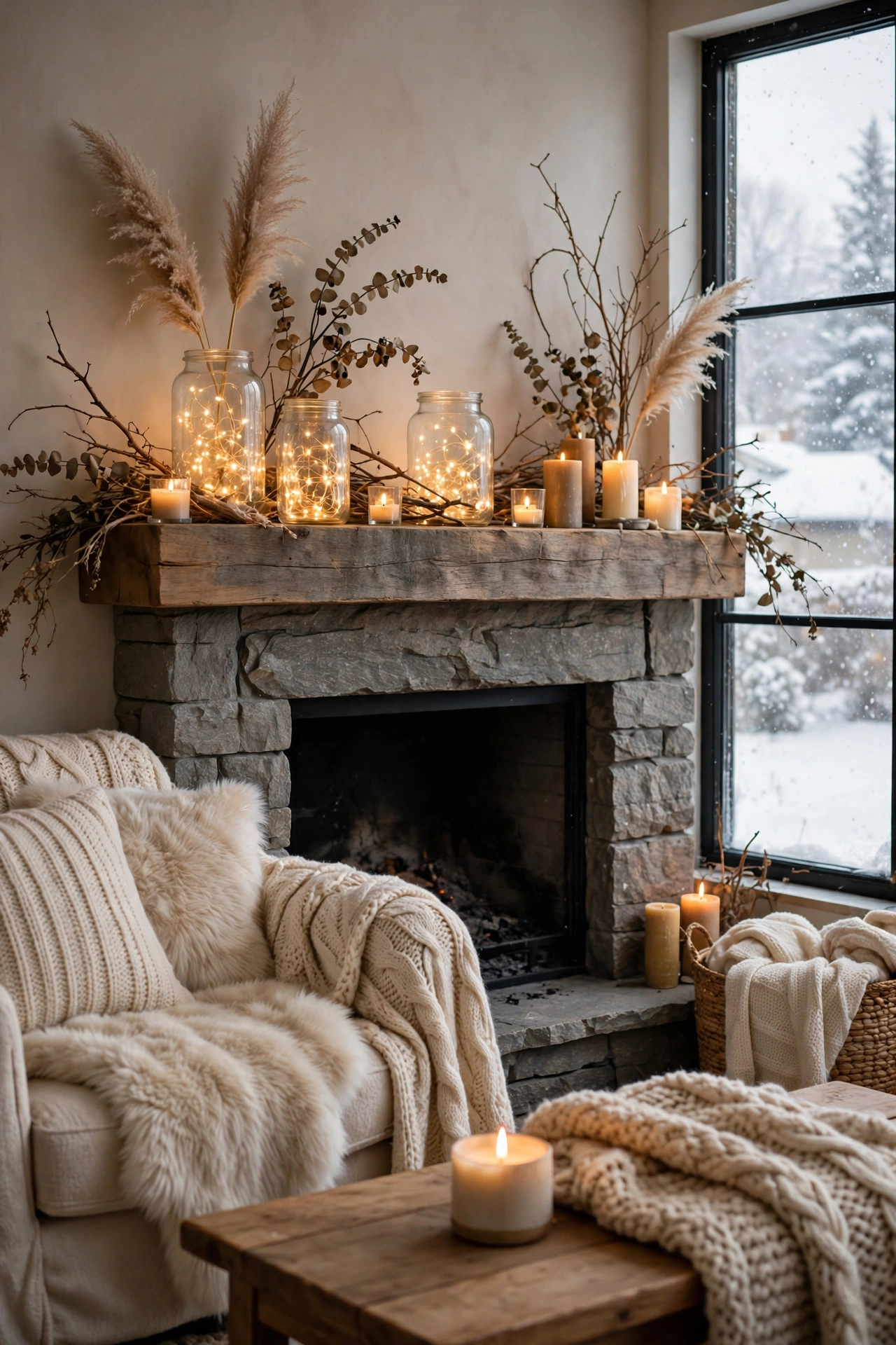 Fireplace mantel with warm fairy lights in glass jars, dried branches and candles