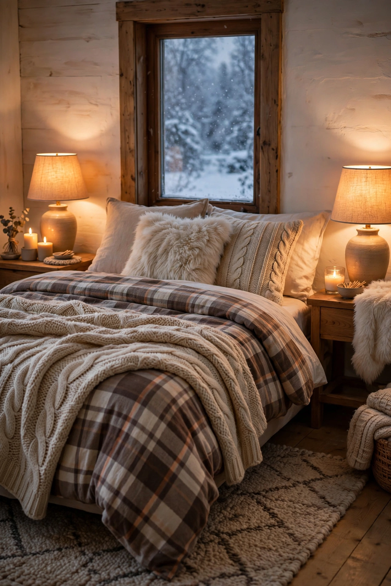 Cozy winter bedroom with flannel bedding, a chunky knit throw, warm bedside lamps and a rug