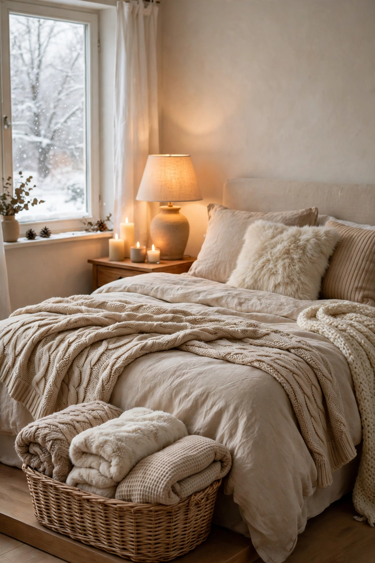 Cozy winter guest bedroom with a basket of extra folded blankets at the foot of the bed, warm lamp and soft bedding