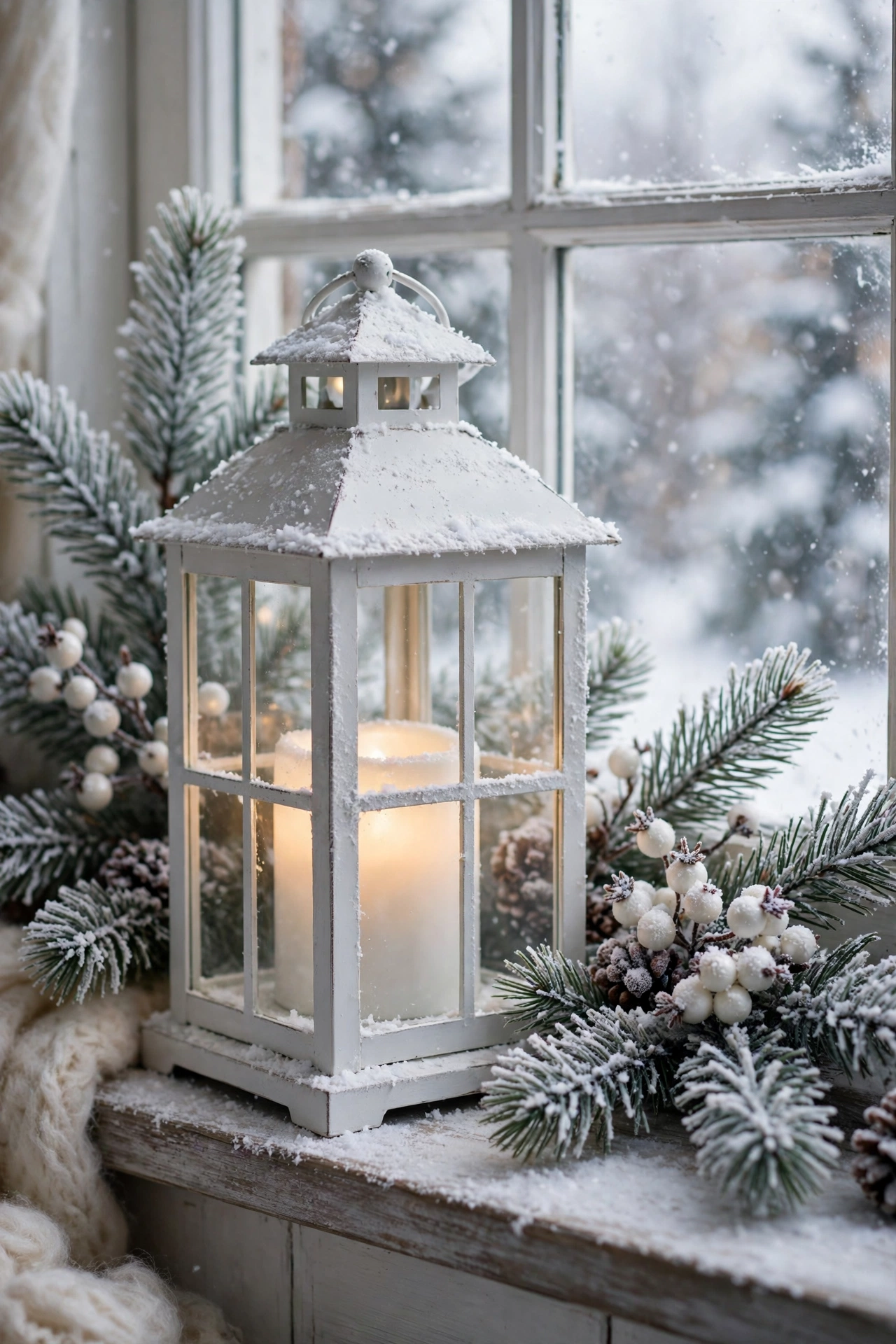 White lantern with a glowing LED candle dusted with faux snow, surrounded by frosted pine branches and white berries