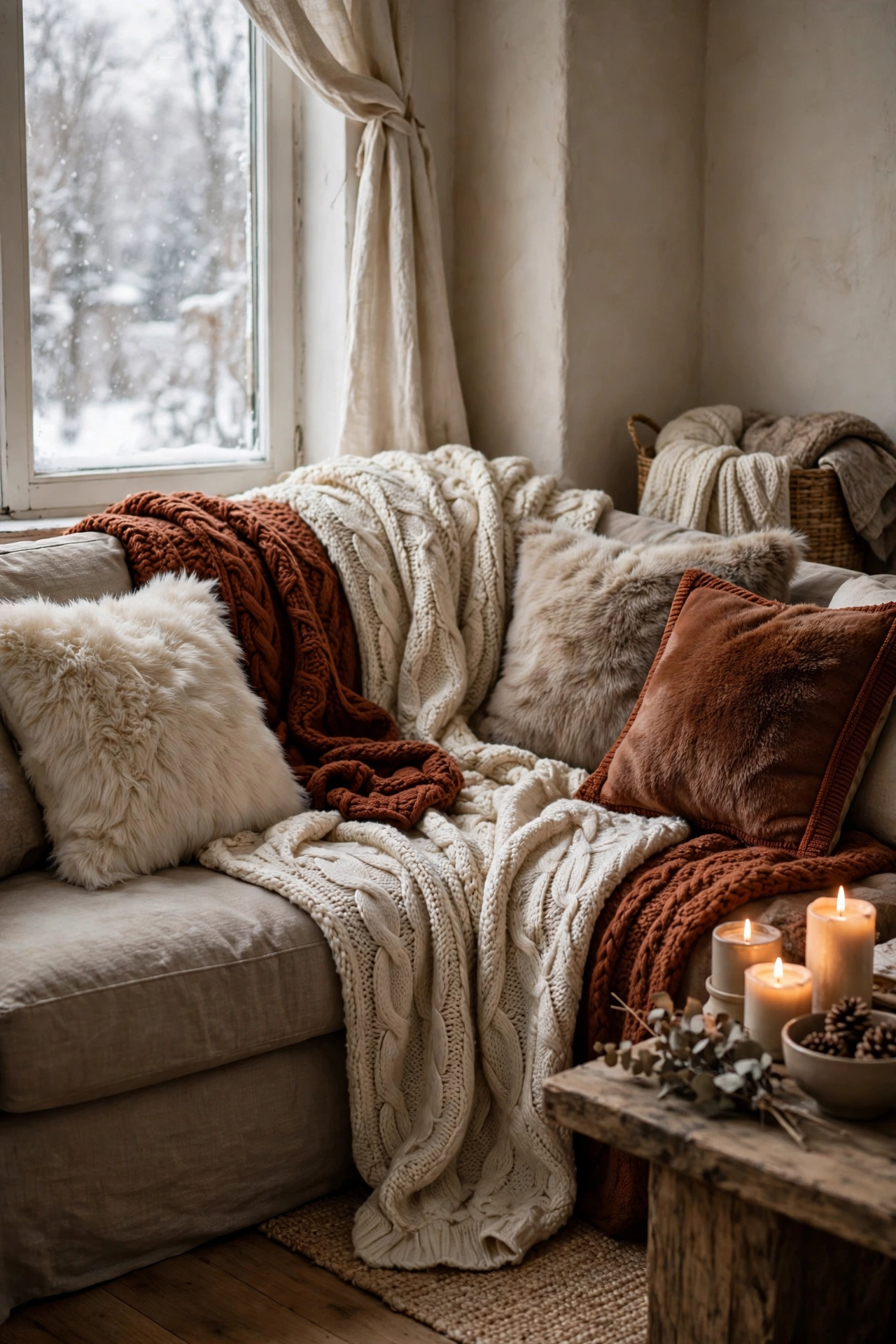 Sofa layered with chunky knit throws and faux fur pillows in cream, taupe and deep rust