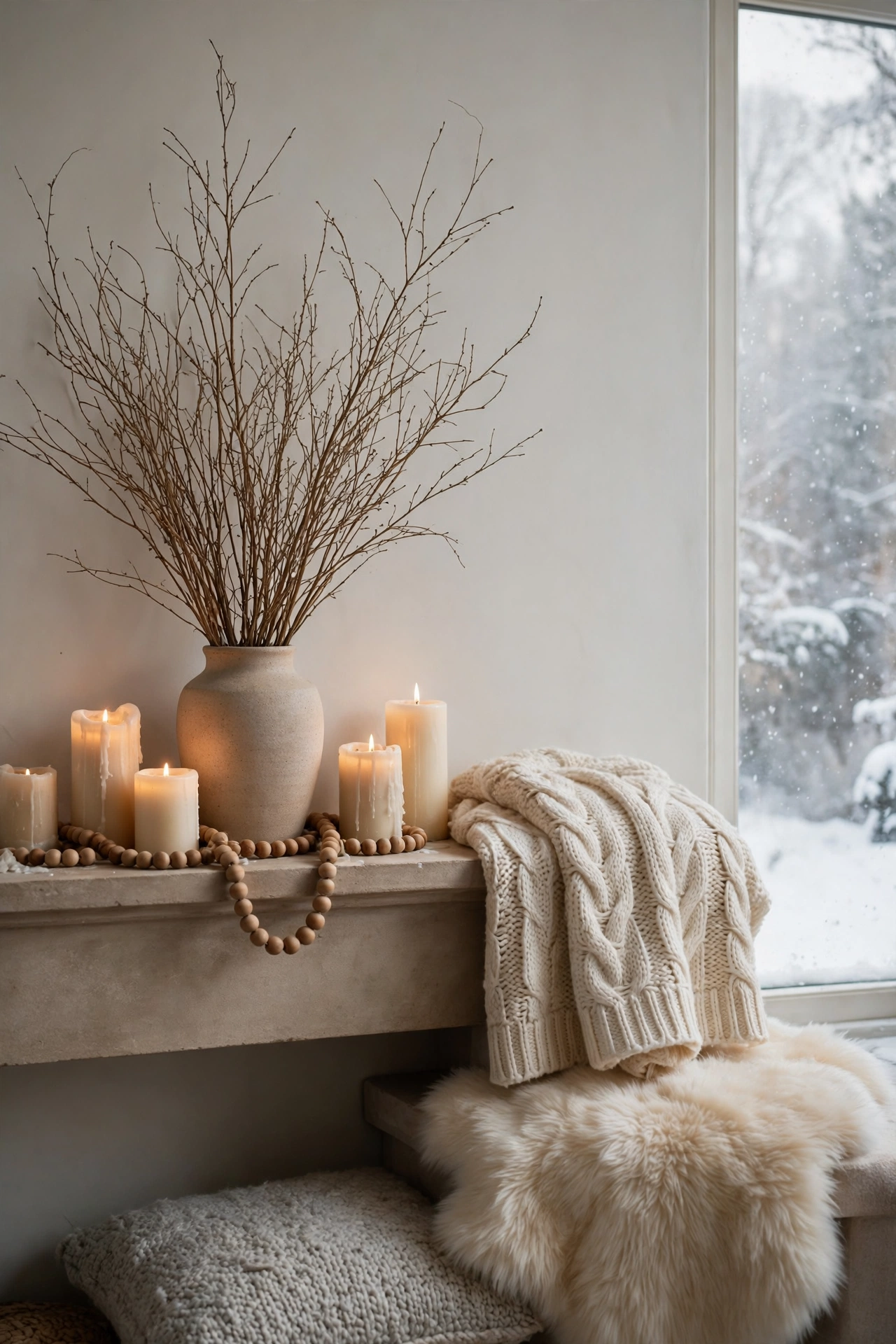 Neutral winter mantel with tall dried branches in a vase, candles and wooden beads, plain wall