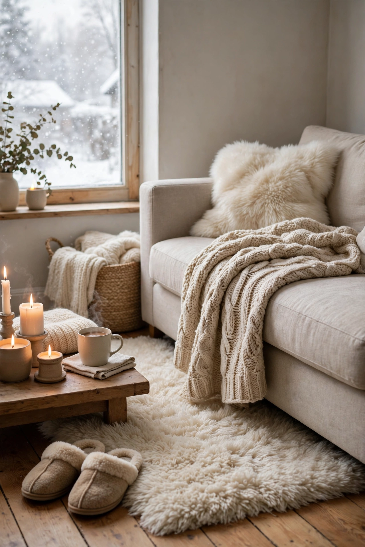 Thick plush rug layered over a wooden floor beside a sofa with a knit throw on the arm