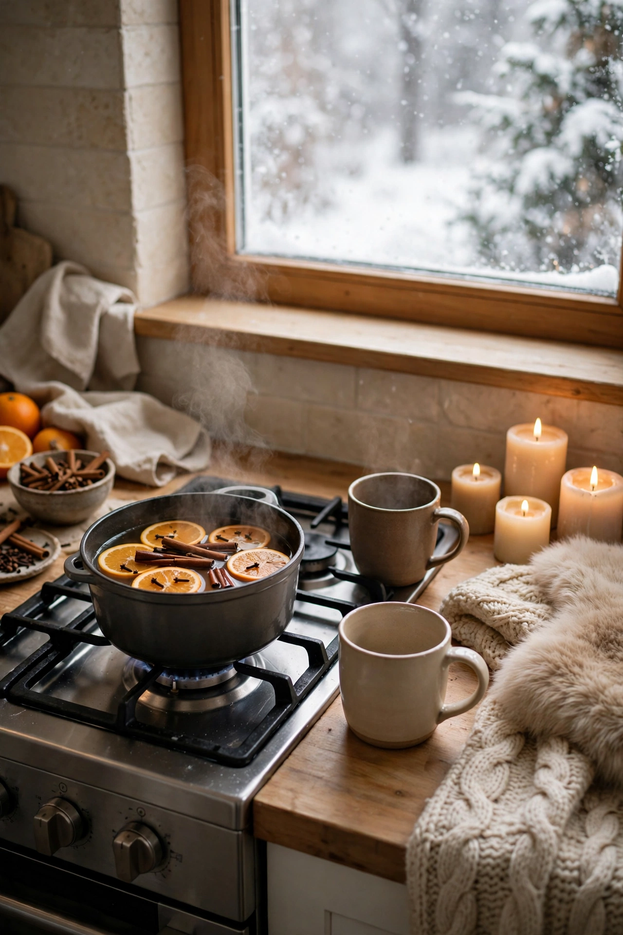 Kitchen stovetop with a simmer pot of orange slices, cinnamon sticks and cloves steaming, warm mugs nearby
