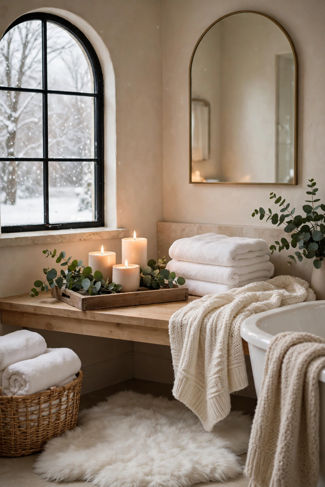 Winter bathroom styled like a spa with plush white towels, candles on a wooden tray and eucalyptus sprigs