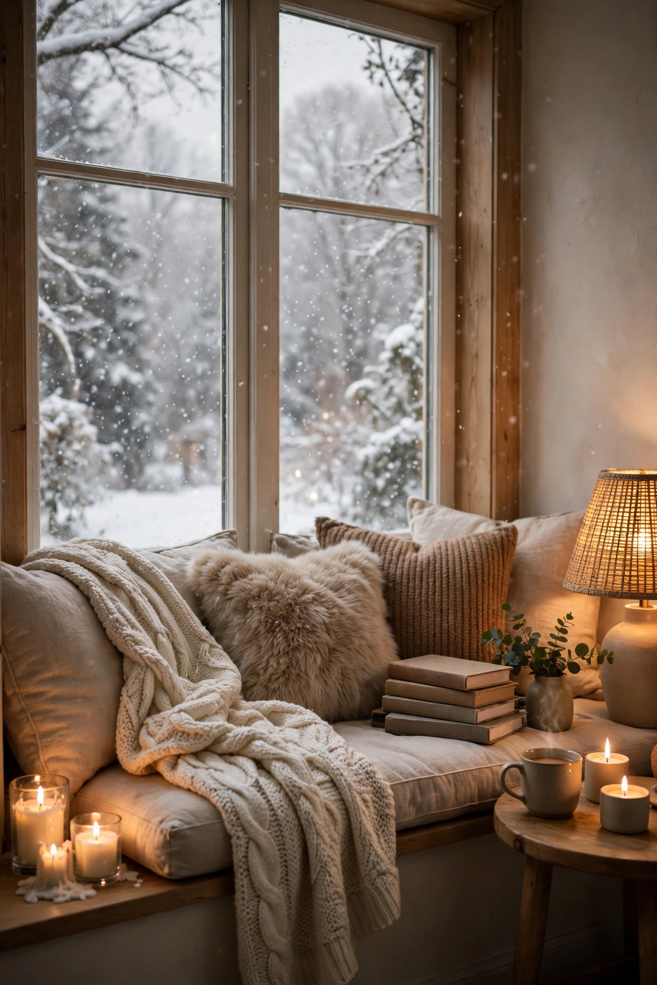 Window seat reading nook with thick cushions, a knit blanket and books, snow falling outside the window