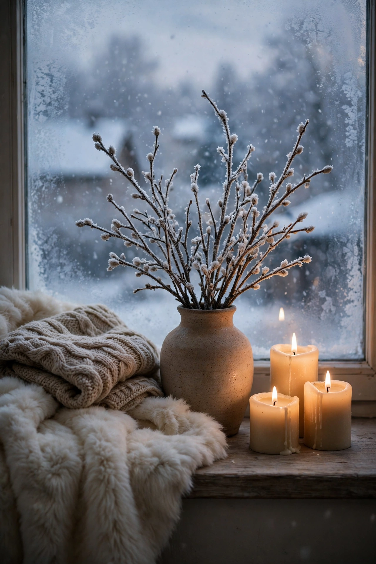 Windowsill vignette with candles, frosted branches in a vase and a knit cloth, snow outside a frosted window at dusk