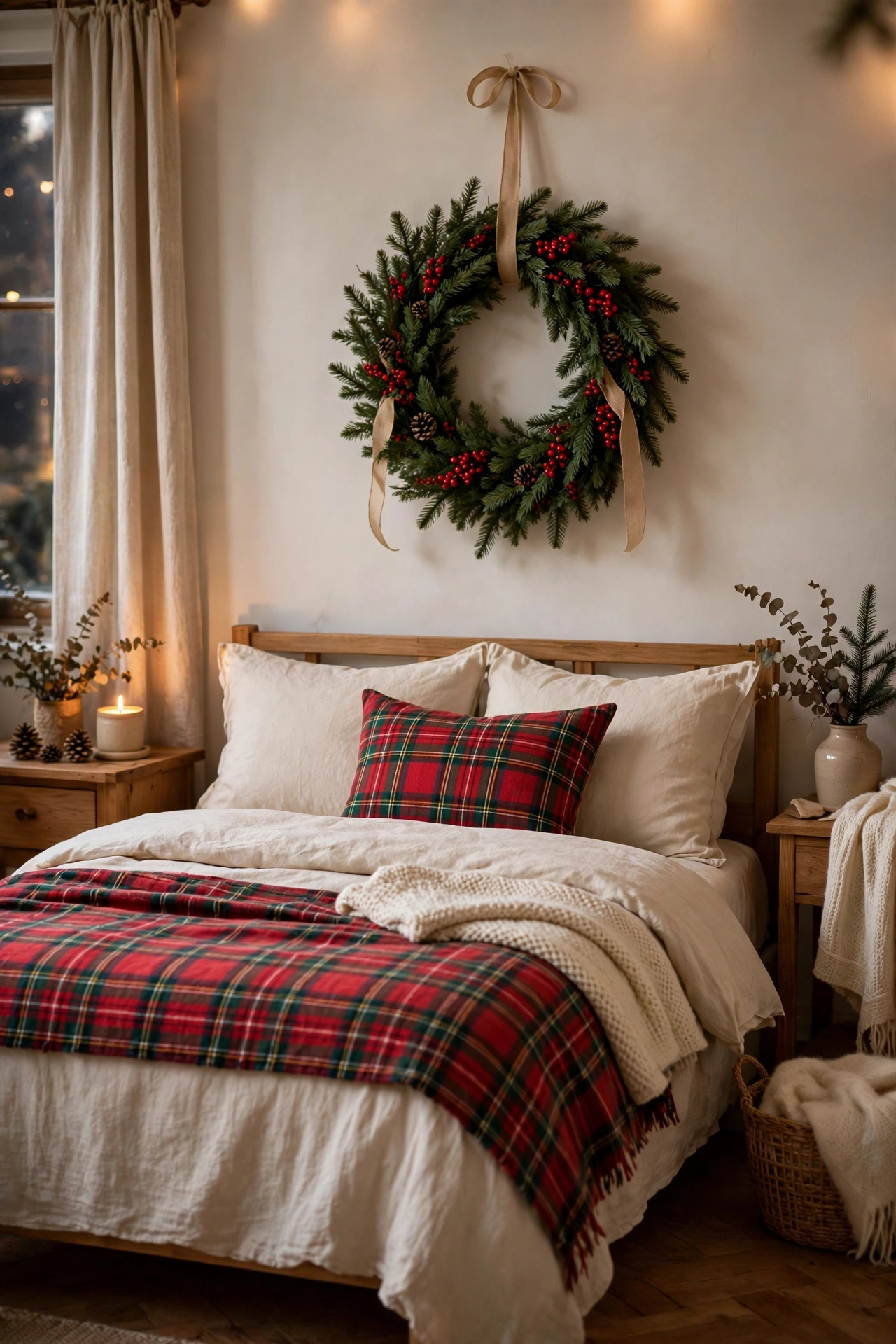 Festive evergreen wreath with red berries and a simple ribbon hung on the wall above a neatly made bed